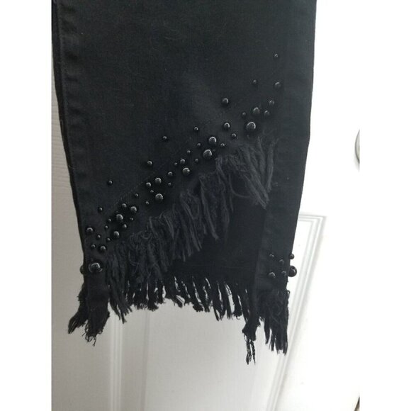 Via Ritina Black Jeans Size 6 Beaded Fringed Boho Cuffs - Picture 3 of 10
